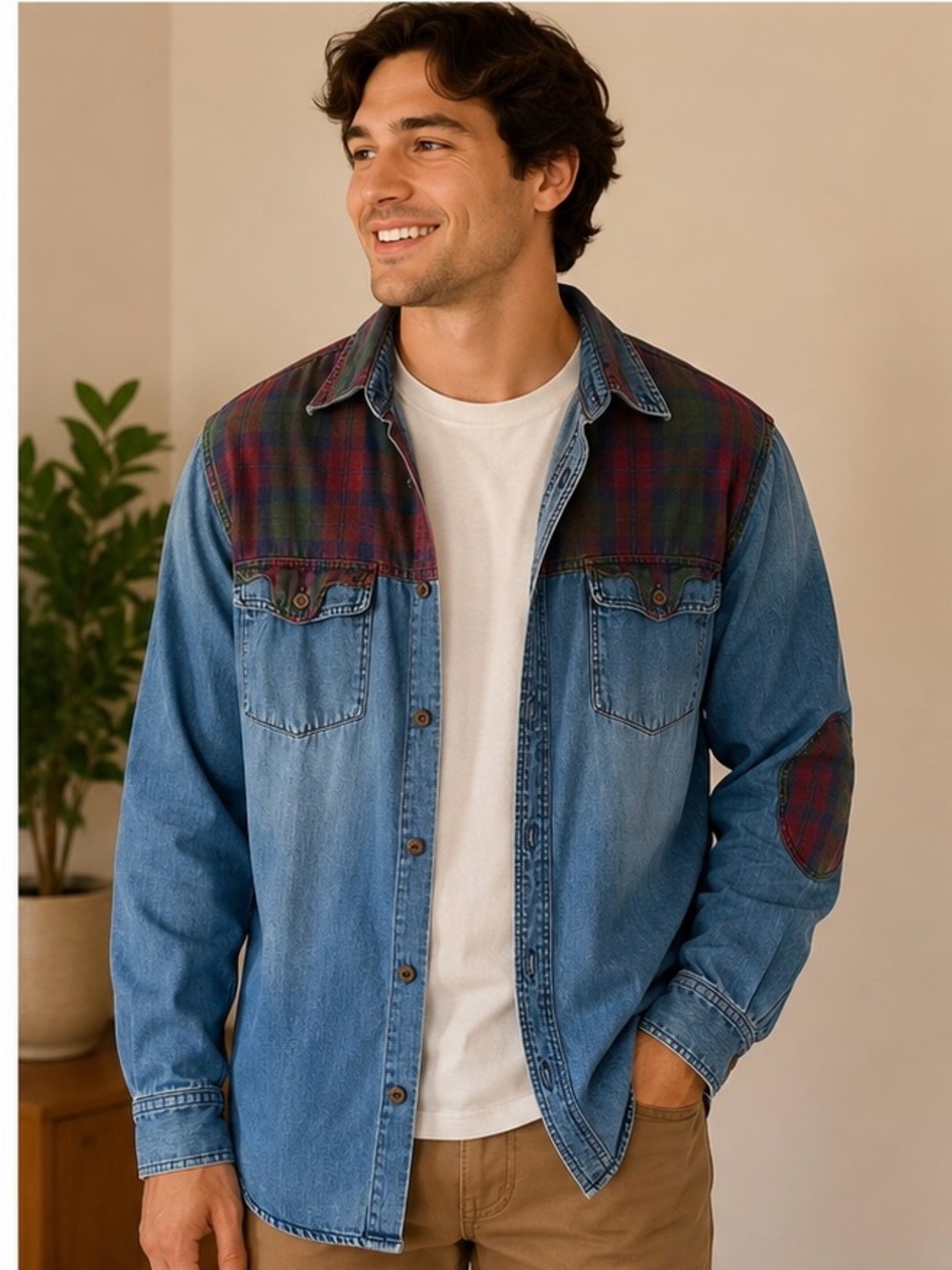 Vintage PD&C Denim Plaid Button Up Shirt Men’s Medium Patchwork Western